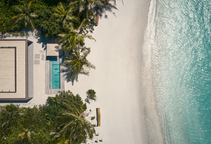 An aerial view of the luxury villas at Patina Maldives