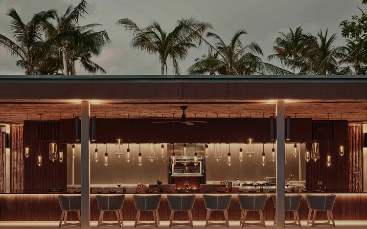 Stylish outdoor bar with pendant lighting.