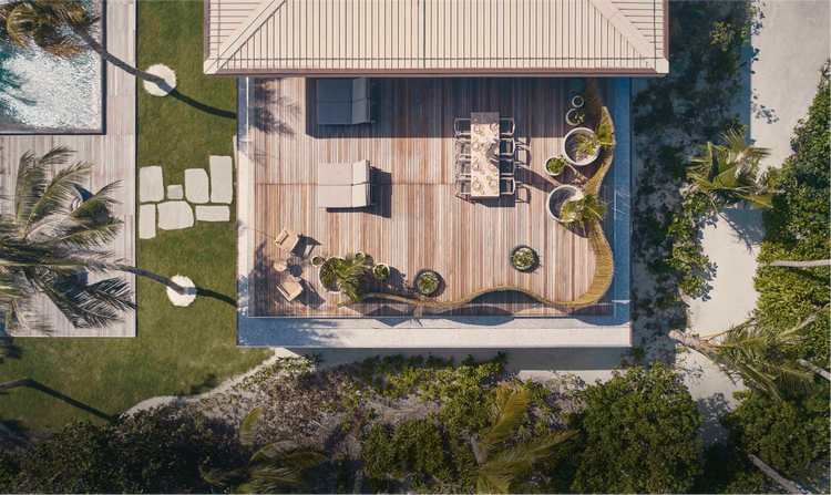 Aerial view of modern outdoor patio.