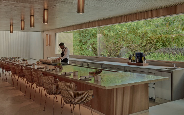 Chef prepares counter in serene setting.