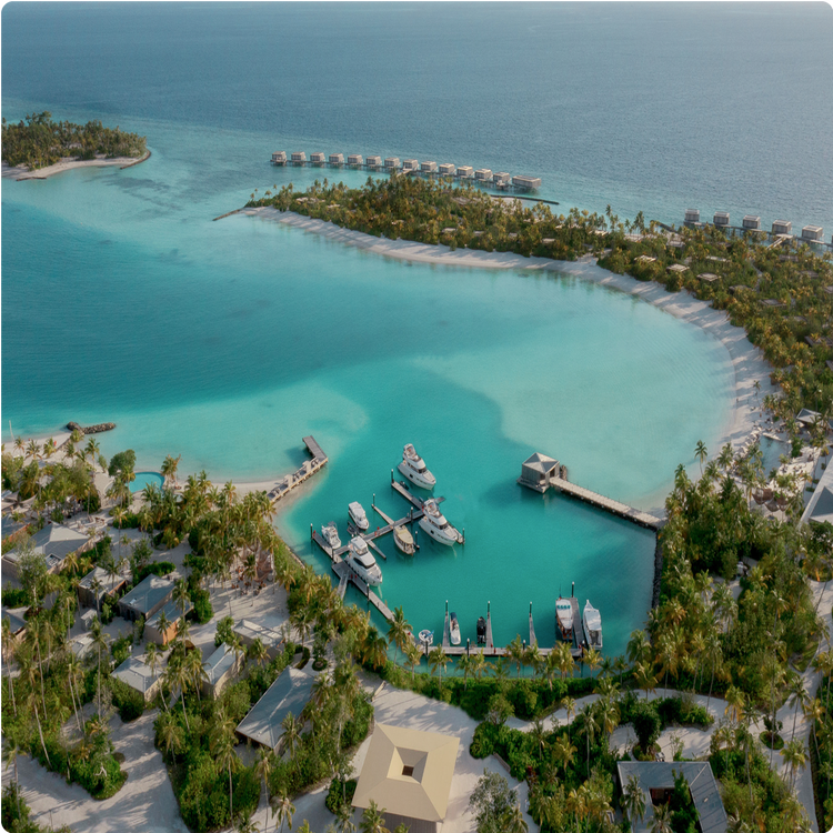 Island resort with overwater bungalows.