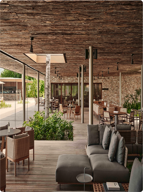 Natural textures frame relaxed dining space.