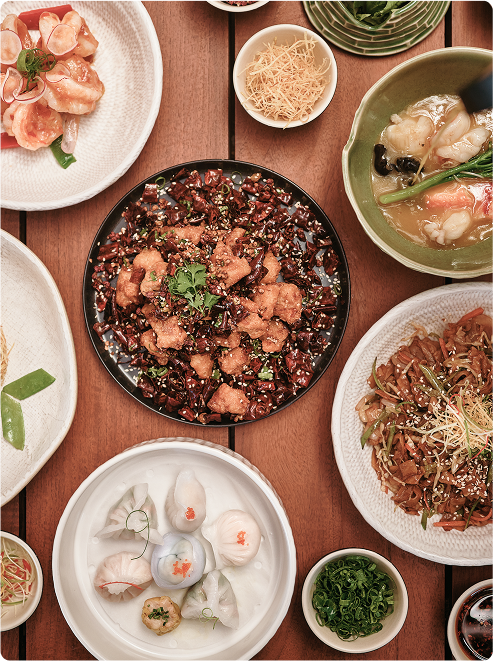 Colorful Chinese feast with varied textures