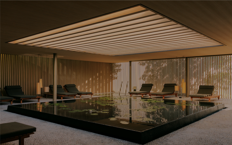 Serene spa with glass and water feature.