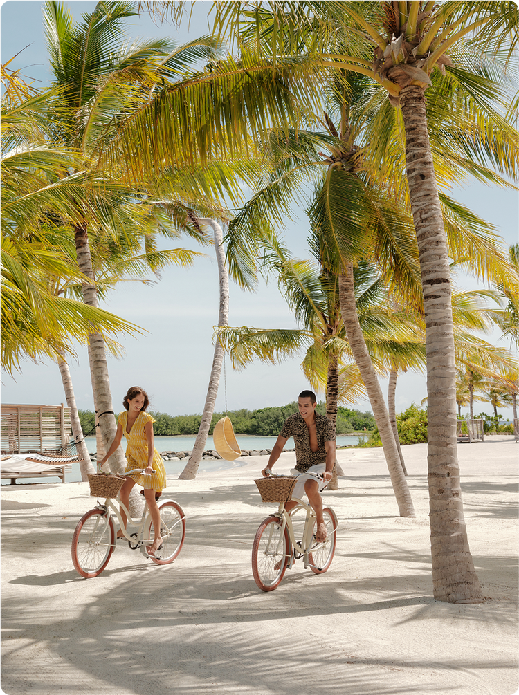 Riders explore sandy path under palms.