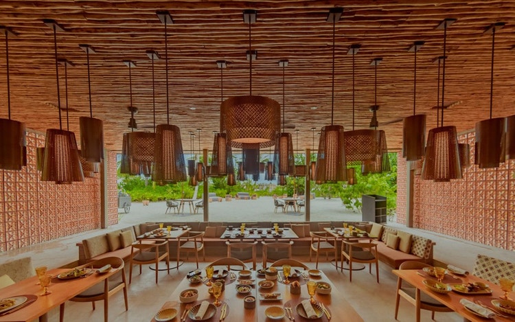 环境优雅的餐厅，配以金色餐具增添格调