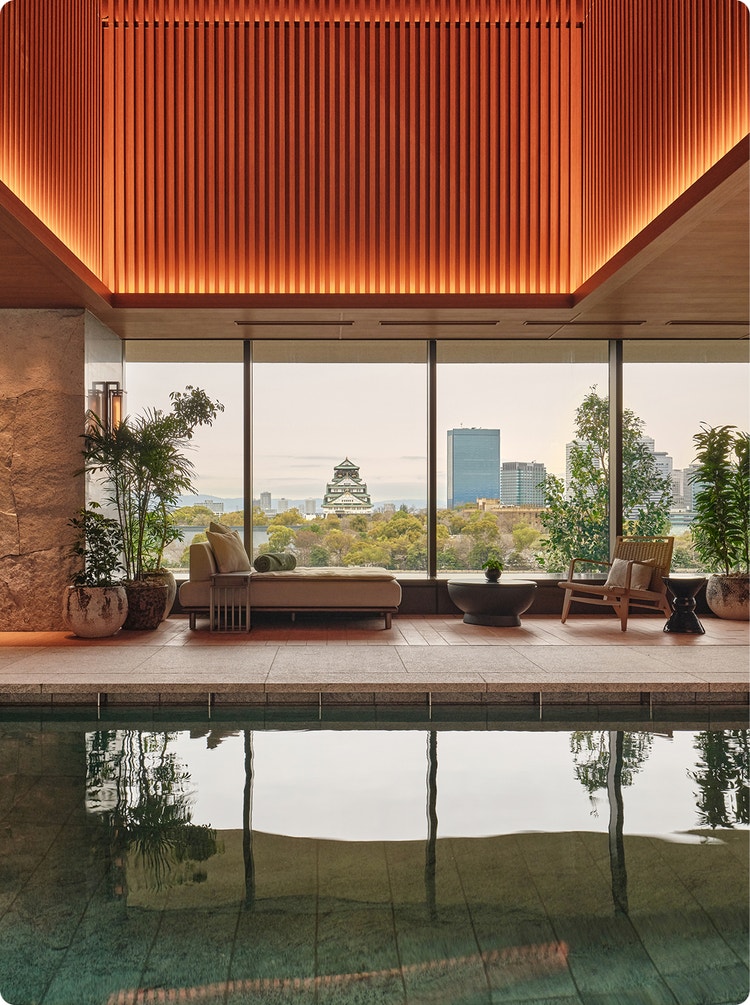 Indoor pool with Osaka castle view