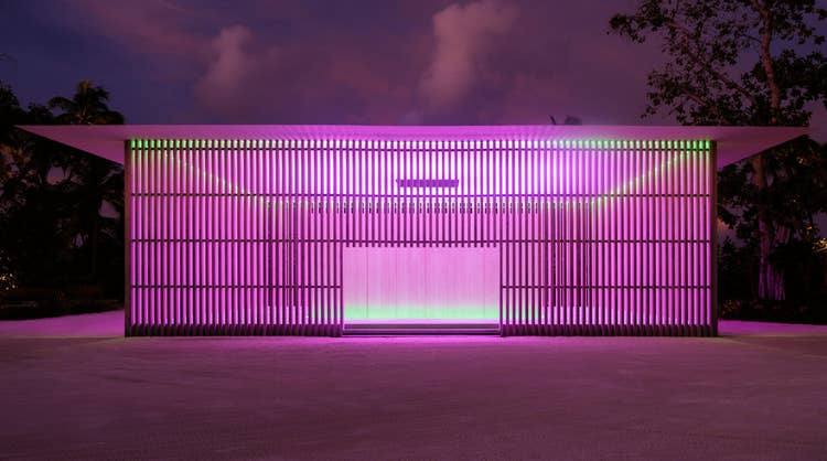 Two men sitting in a yoga position with a pink color background