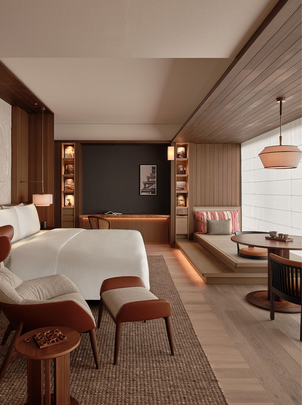 Cozy suite with wood-paneled elegance.