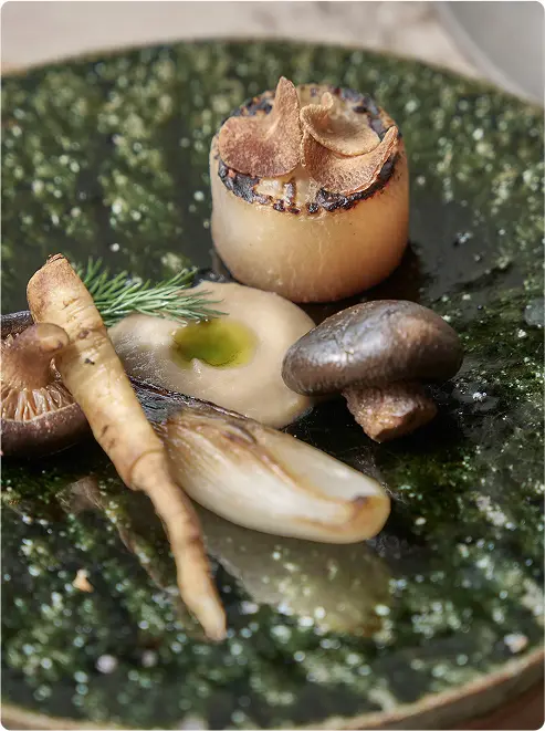Roasted onion topped with truffle slices.