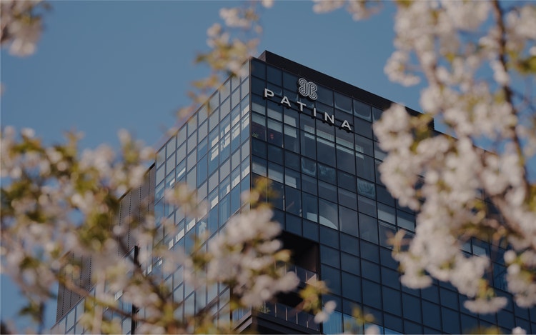 Patina Osaka rises behind spring blooms.